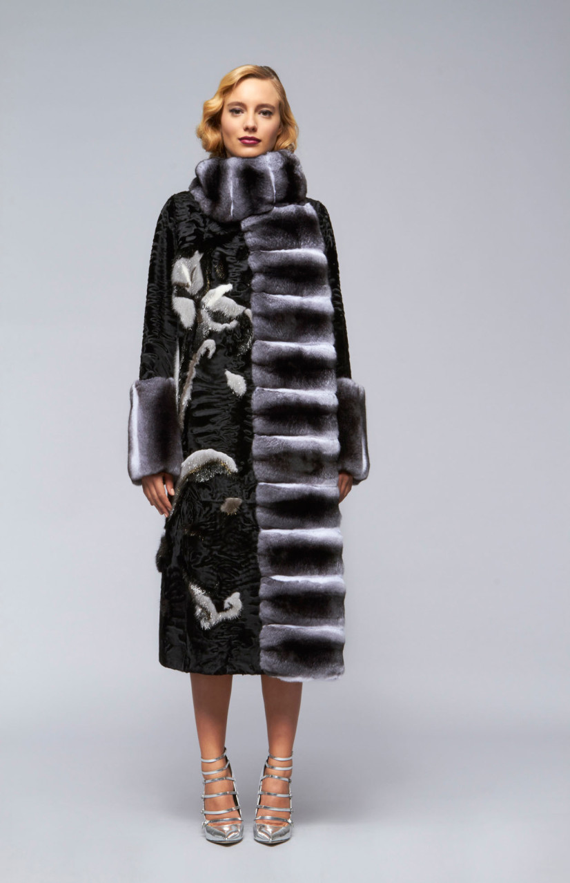 Шуба из каракульчи с норкой и шиншиллой модель SF164